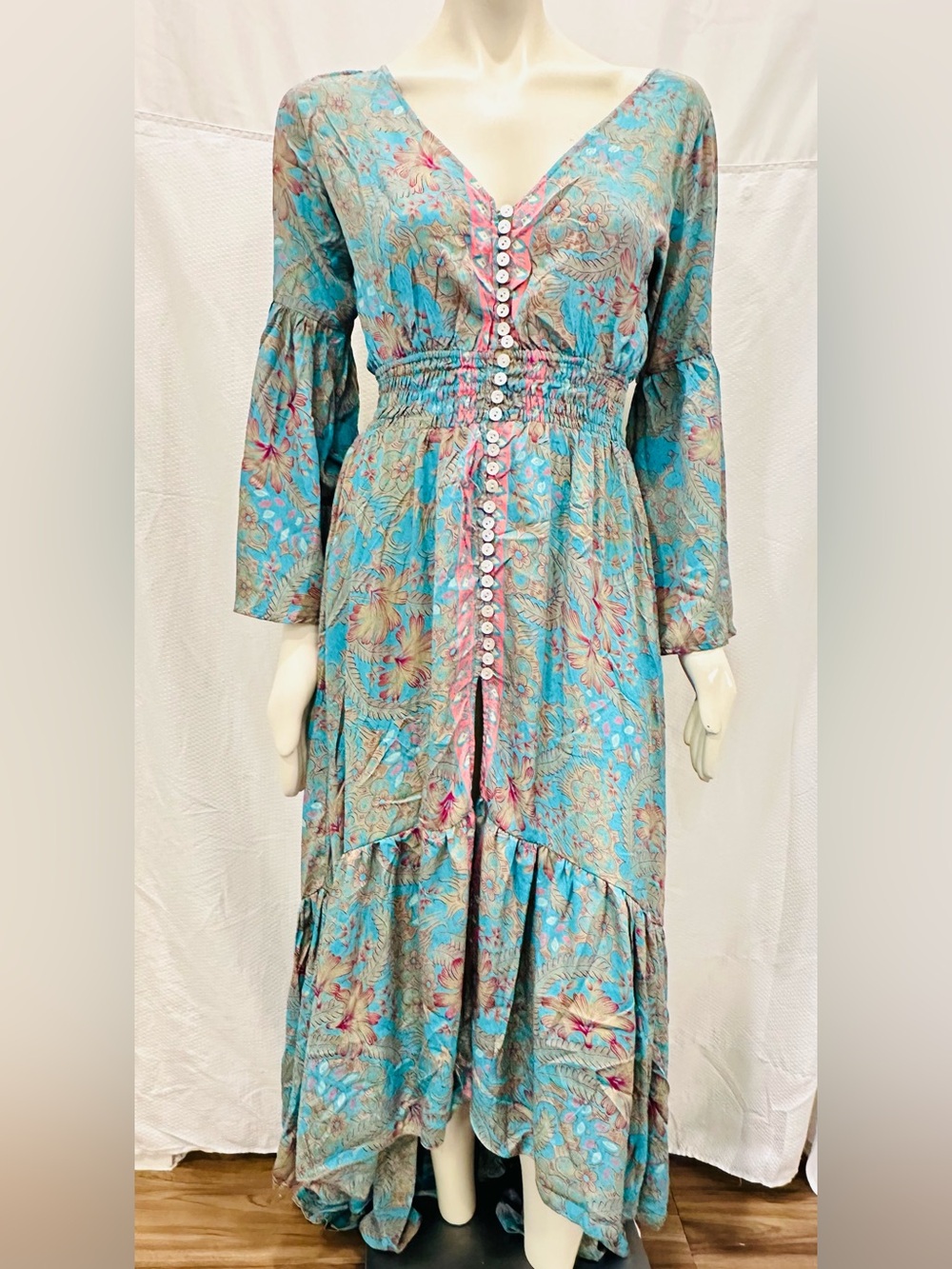 NWOT Karma Highway Bohemian Teal Floral Button-Front Maxi Dress